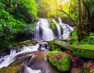 Wall Mural - beautiful waterfall in green forest in jungle at phu tub berk mo