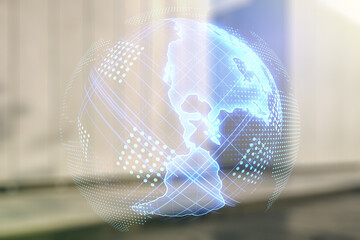 Poster - Double exposure of graphic America map hologram on contemporary business center exterior background, big data and digital technology concept