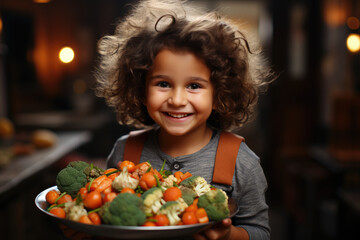 Poster - A child enthusiastically eating a plate of mixed vegetables, promoting the importance of a balanced diet for kids. Concept of childhood nutrition. Generative Ai.