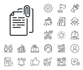 Poster - file with paper clip sign. salaryman, gender equality and alert bell outline icons. document attachm