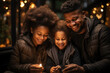 Black happy family outdoor using smart phone, technology, youth culture, family concept. Generative Ai.