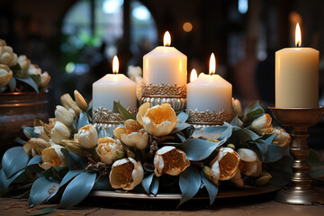 Poster - A close-up of a St. Lucia's Day wreath with candles, symbolizing the holiday's emphasis on bringing light to the darkness. Generative Ai.