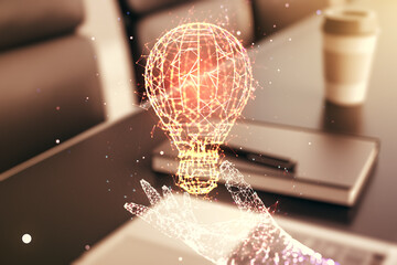 Aufkleber - Creative idea concept with light bulb illustration on modern laptop background. Multiexposure