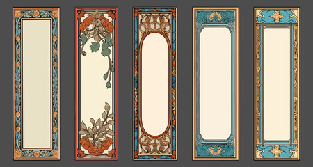Art-nouveau color empty banners. Romantic art deco modern frames with floral ornament, vintage colour borders, retro packaging decor with flowers