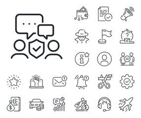Poster - Body guards sign. Salaryman, gender equality and alert bell outline icons. Security agency line icon. Private protection symbol. Security agency line sign. Spy or profile placeholder icon. Vector