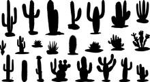Black Cactus Silhouettes Big Set. Desert Plants Isolated Icons, Cacti Flat Collection. Vector Decorative Planting Elements