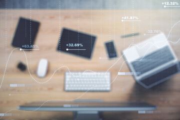 Poster - Multi exposure of stats data illustration on modern laptop background, computing and analytics concept