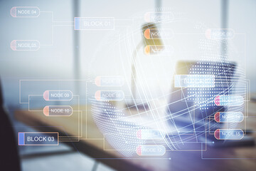 Poster - Abstract creative coding concept with world map on modern laptop background. Multiexposure