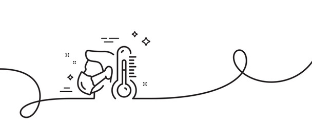 Poster - sick man with mask line icon. continuous one line with curl. temperature thermometer sign. flu illne
