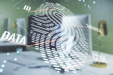 Poster - Double exposure of abstract creative fingerprint hologram on computer background, protection of personal information concept