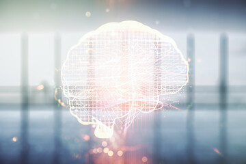 Poster - Virtual creative artificial Intelligence hologram with human brain sketch on modern interior background. Double exposure