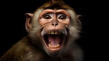 Funny Portrait Of Smiling Barbary Macaque Monkey, Showing Teeth Isolated On Black Background 