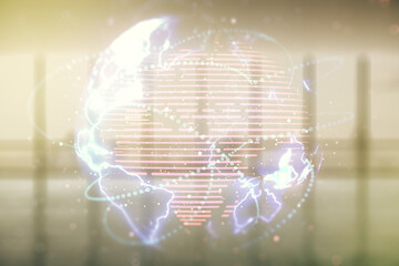 Aufkleber - Double exposure of abstract digital world map hologram with connections on empty room interior background, big data and blockchain concept