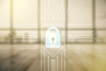 Poster - Double exposure of virtual creative lock hologram with chip on empty modern office background. Information security concept