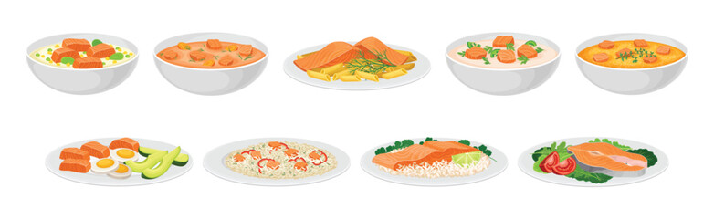 Sticker - Tasty Salmon Fish Dish Served on Plate Vector Set