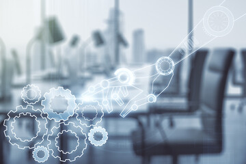 Aufkleber - Abstract virtual robotics technology hologram on a modern furnished office background. Robot development and automation concept. Multiexposure