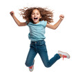 Celebrating Young Girl: Full-Length Studio Portrait of a Joyful Kid Jumping and Laughing, Isolated in Transparent PNG on a White Background