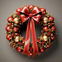 Wall Mural - naturalistic looking pine tree Christmas wreath is decorated with ribbons, balls, bow and candy canes.