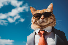 A Cat Standing Against A Blue Sky Background, Wearing A Suit And Tie And Sunglasses. Funny Cat Wearing A Suit. Business Cat.