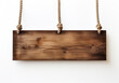 © Alicina - Wooden sign hanging on rope on white background. Free space for text. AI generated