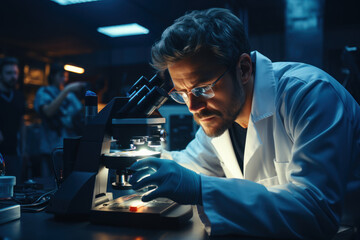 Poster - a scientist peering into a microscope, exploring the mysteries of the microscopic world. concept of 