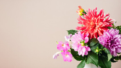 Bouquet of red and pink dahlias.