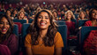 Beautiful girl portrait at cinema, happy, smiling
