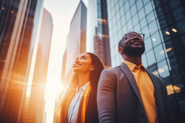 Happy rich wealthy successful black businesspeople standing in the big city with business buildings in the background. Successful people in the city