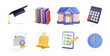 Education icons set of 3D UI elements. School, calculator, student hat, diploma, educational test. Study, Learning