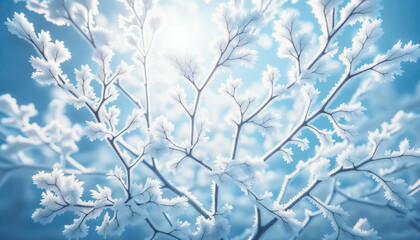 Wall Mural - A close-up view of tree branches with frost, illuminated by soft winter sunlight against a blue sky.