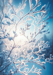 Wall Mural - A close-up view of tree branches with frost, illuminated by soft winter sunlight against a blue sky.