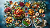 Fototapeta Kuchnia - Festive feast: roast turkey, vegetables dishes,cheese board and sauces.Concept of Christmas or New Year dinner.