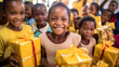 Kids from the orphanage or from low-income families in poor countries enjoy gifts for christmas. Smiling happy children with presents