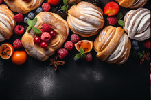 Composition With Assorted Pastries On Wooden Table. Food Background.