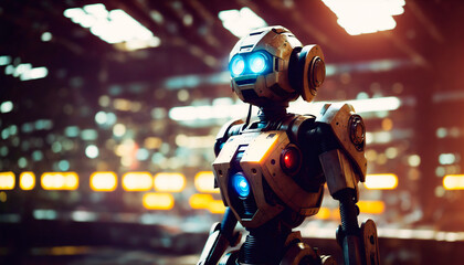 closeup of an old robot in an abandoned factory with lights on