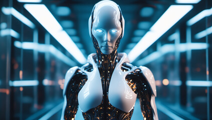Poster - Glossy AI humanoid, illustrating the sleekness of futuristic tech; suited for digital ads.