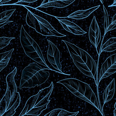 Wall Mural - Floral winter garden seamless pattern. Snow forest texture. Snowy branches with dots ad line drawing leaves winter holiday christmas background. Drawn line art sketch background