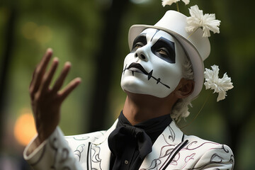 Poster - An expressive mime performing in a quiet park, delighting onlookers with silent humor. Concept of nonverbal communication and entertainment. Generative Ai.