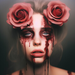 portrait of a woman with roses and red paint on her face, sad 