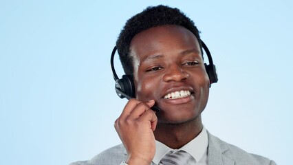 Poster - Call center, studio or virtual assistant in communication, speaking or talking to help in customer services. Blue background, black man or face of a happy African financial advisor with microphone