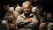 © Natalia S. - Crazy old granny cat lady sitting in a chair with her many cats, Animal Lover