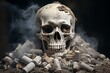 Skull engulfed in cigarette smoke atop cigarette butt pile. Generative AI