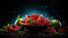 Happy Yalda Night, Winter Solstice Festival, The Birth Of The Sun Or The Moon, Copyspace Background For Text, Grapes Pomegranate Watermelon,