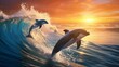 Playful dolphins jumping over breaking waves. Hawaii Pacific Ocean wildlife scenery. 