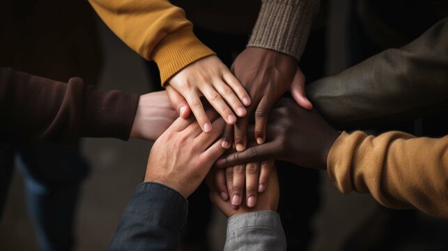 multiracial group with black african american caucasian and asian hands holding each other wrist in 