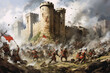 Illustration of a medieval castle under siege. 