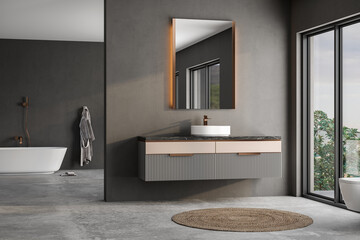 Modern minimalist bathroom interior, modern bathroom cabinet, white sink, wooden vanity, interior plants, bathroom accessories, bathtub, black walls, concrete floor.