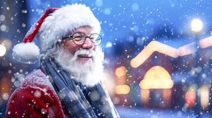 Wall Mural - Happy Santa Claus outdoors in snowfall smiling. Winter holidays.