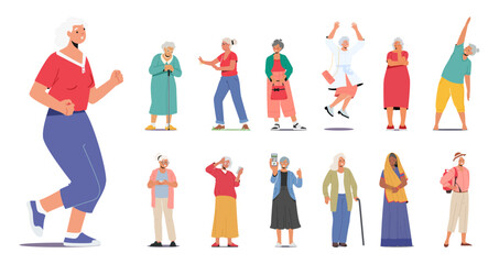 Set Of Senior Female Characters Doing Sport Exercises, Jumping, Travel Or Hiking With Backpack, Wear Indian Dress