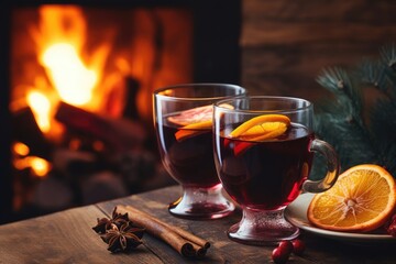 Christmas hot mulled red wine with spices and fruits on a wooden rustic table against the backdrop of a burning fireplace. Traditional hot alcoholic drink for Christmas. winter warming drink.